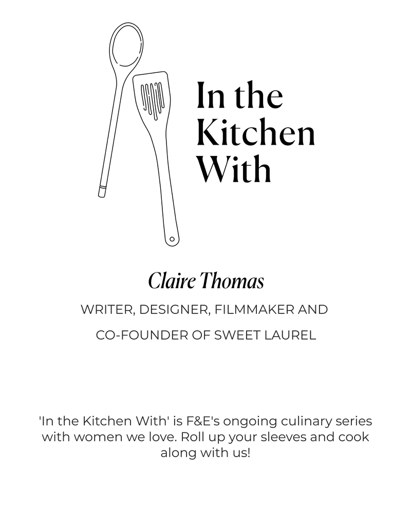 Promotional graphic for 'In the Kitchen With' featuring kitchen utensils and text about Claire Thomas and Sweet Laurel.