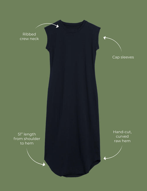 Lay flat image of the Cory dress. Arrows are pointing to different areas of the dress and text highlights features including ribbed crew neck, cap sleeves, 51" length from shoulder to hem, hand-cut curved raw hem., view 4