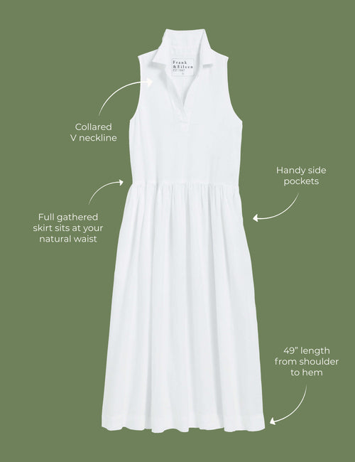 Lay flat image of the Daphne dress. Arrows are pointing to different areas of the dress and text highlights features including collared V neckline, handy side pockets, full gathered skirt sits at your natural waist, 49" length from shoulder to hem., view 6