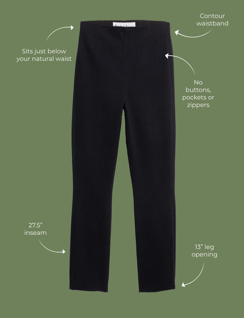 Lay flat image of the Derry Illusion jeans. Arrows are pointing to different areas of the jeans and text highlights features including contour waistband, sits just below your natural waist, no buttons, pockets or zippers, 27.5" inseam, 13" leg opening., view 4