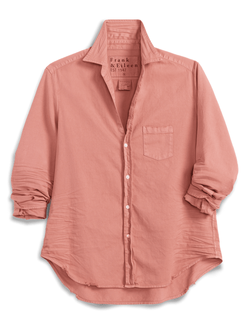 A dusty pink long-sleeve button-up shirt with a chest pocket, shown flat against a solid dark green background. The brand name 'Frank & Eileen' is visible on the inner neck label., view 4