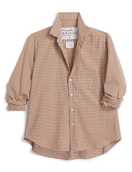 A long-sleeve button-up shirt by Frank & Eileen in a brown and beige gingham check pattern, featuring a pointed collar, button front., view 5