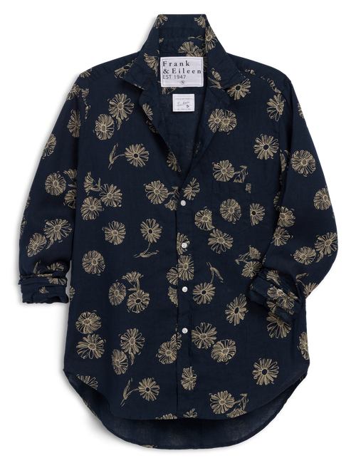 EILEEN Navy with Yellow Flowers, Italian Classic Linen, front view