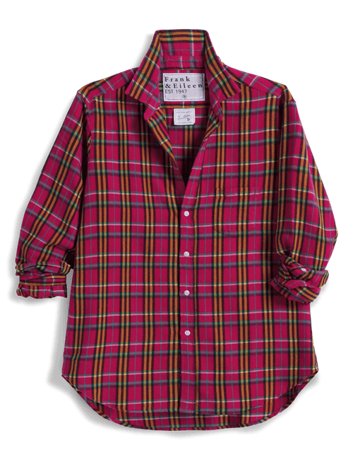 A long-sleeve plaid button-up shirt by Frank & Eileen, featuring a vibrant magenta-pink base with green, yellow, and black tartan stripes, laid flat on a white background., view 4