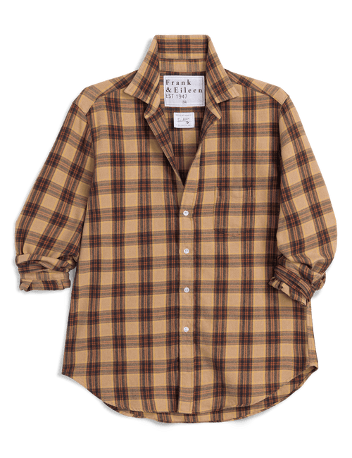 A long-sleeve plaid button-up shirt by Frank & Eileen, featuring a tan and brown checkered pattern with rolled-up sleeves, displayed flat against a white background., view 5