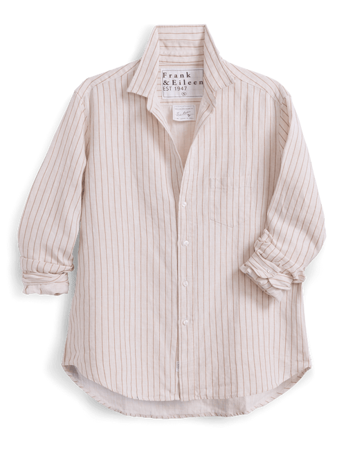 Beige striped shirt with 'Frank & Eileen' branding on a white background, view 4