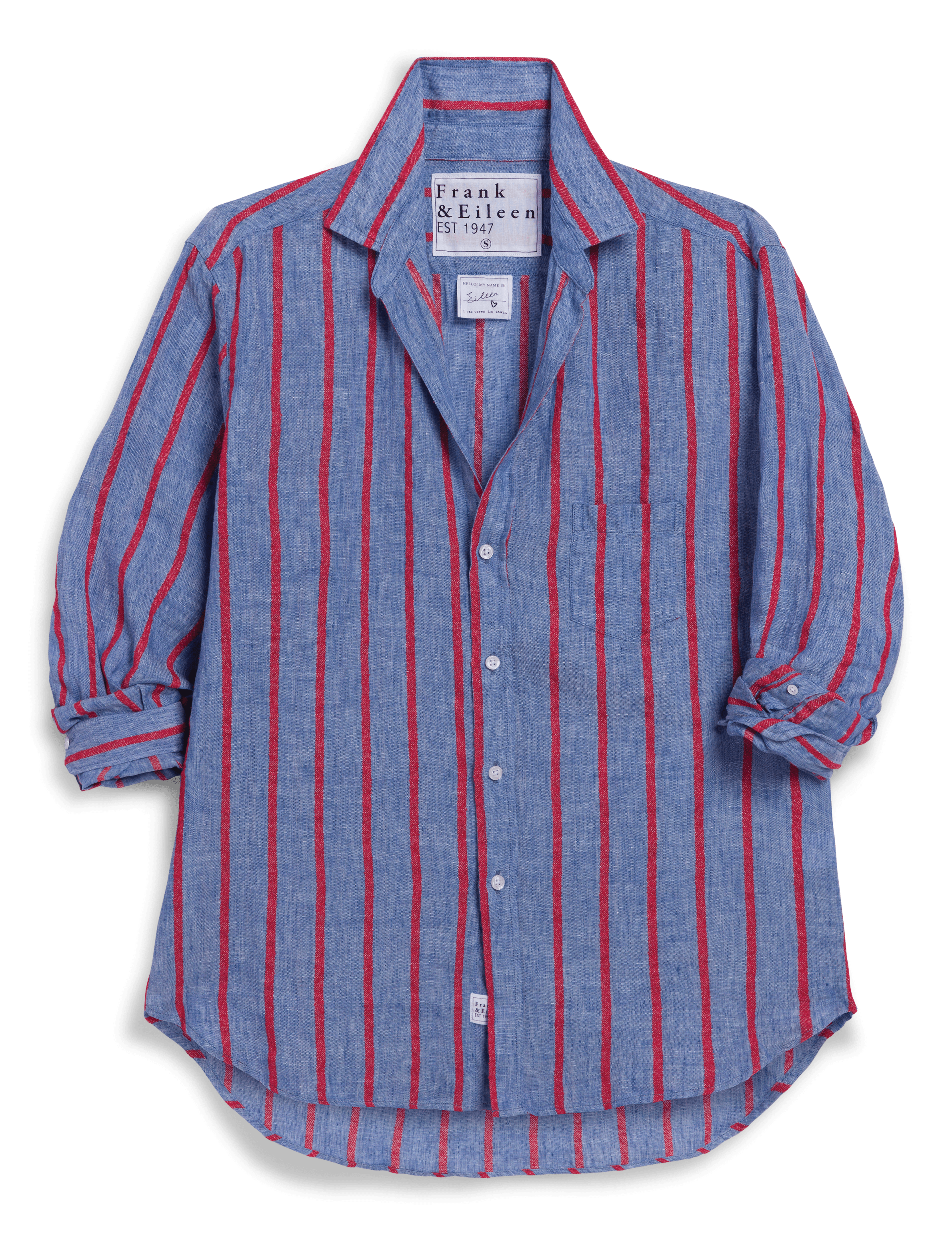 Blue and red striped shirt with a brand label on a transparent background, view 6