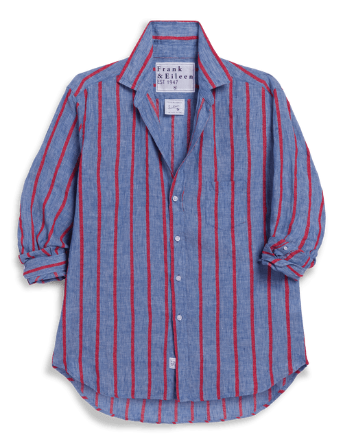 Blue and red striped shirt with a brand label on a transparent background, view 6