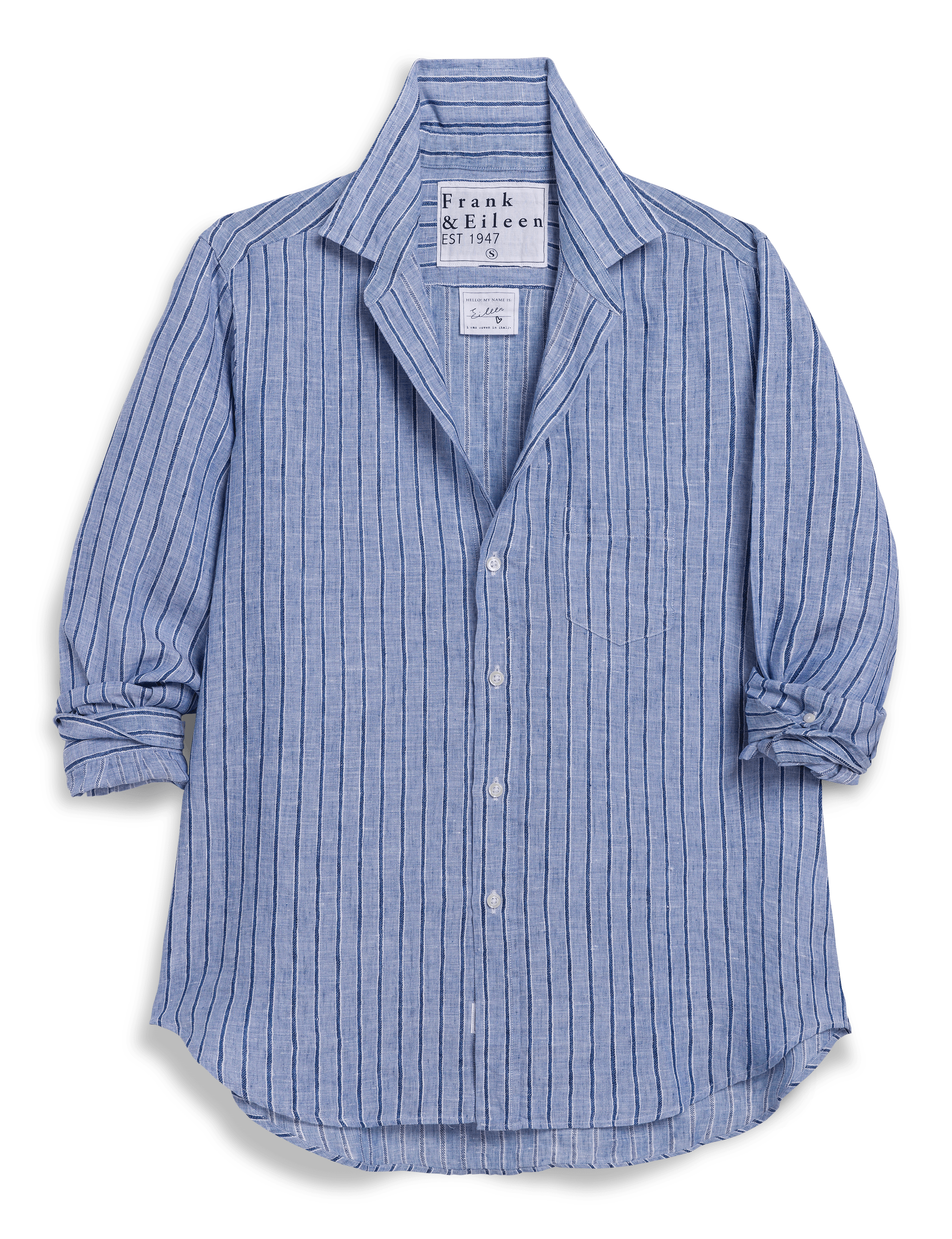 Blue striped shirt with brand label on a transparent background, view 4