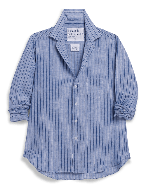 Blue striped shirt with brand label on a transparent background, front view