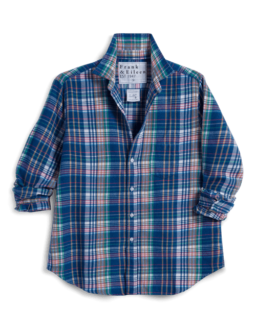 A long-sleeve button-up plaid shirt by Frank & Eileen, featuring a blue, green, and red tartan pattern, laid flat against a white background., view 4