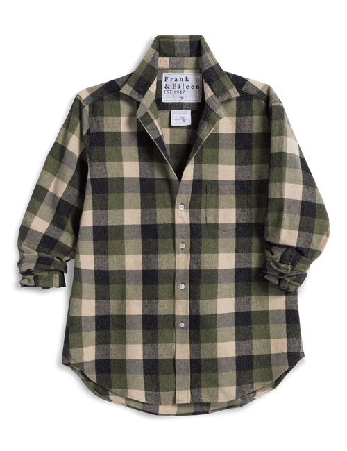 A long-sleeve button-up plaid flannel shirt by Frank & Eileen, featuring a green, beige, and charcoal checkered pattern, laid flat against a white background., view 5