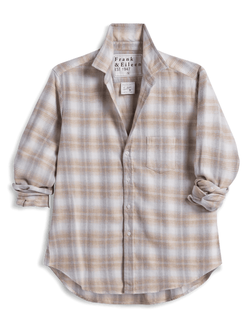 A long-sleeve plaid button-up shirt by Frank & Eileen, featuring a warm beige and light gray check pattern, rolled sleeves, and a chest pocket, shown against a plain white background., view 5