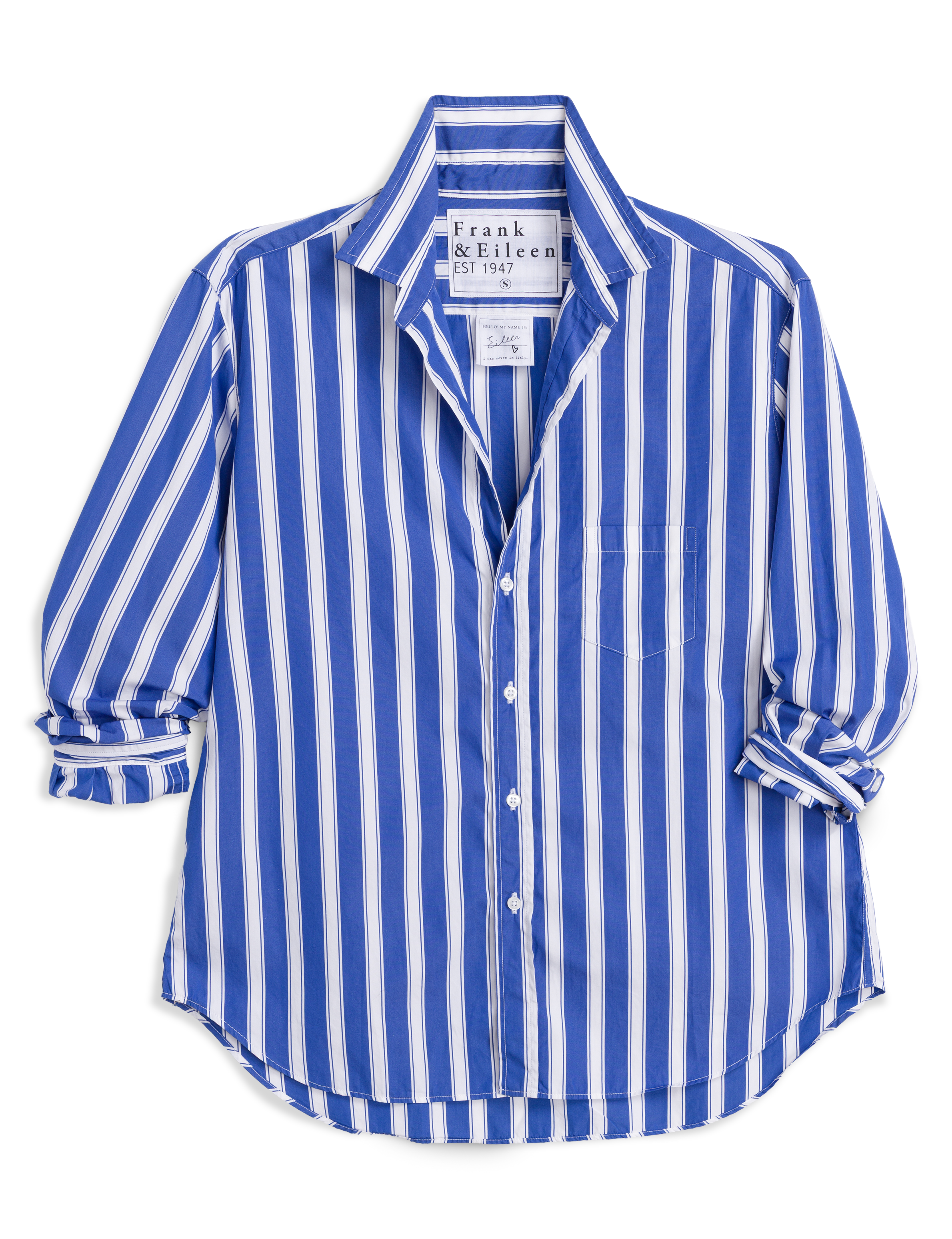 Blue and white striped shirt with brand label on a white background, view 5