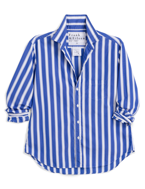 Blue and white striped shirt with brand label on a white background, view 5