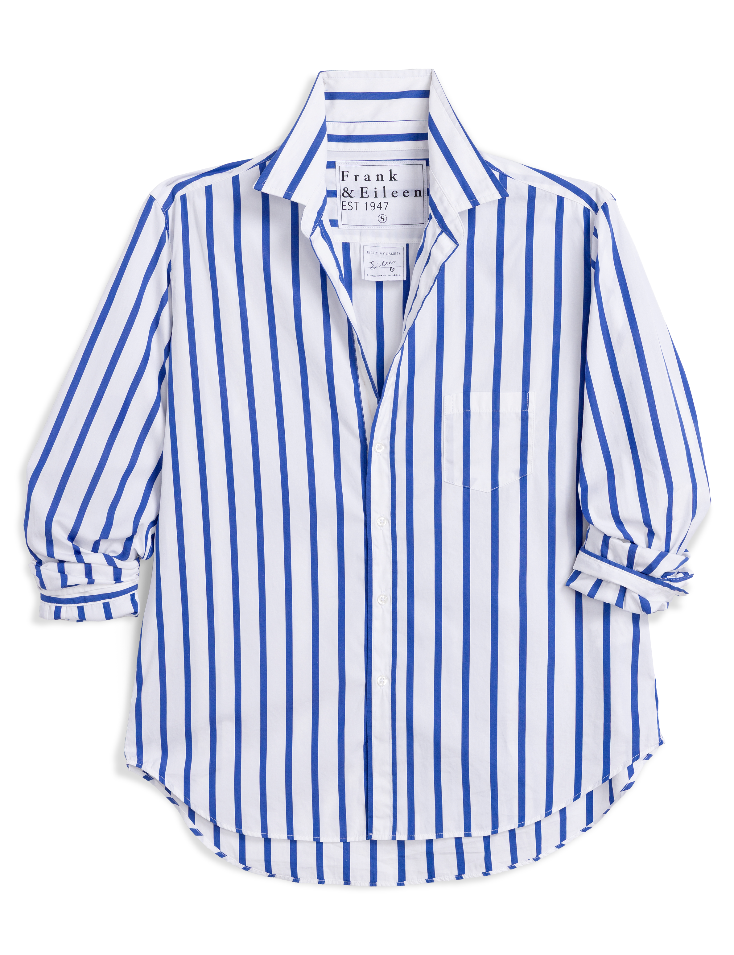 Blue and white striped shirt with brand label on a white background, view 5