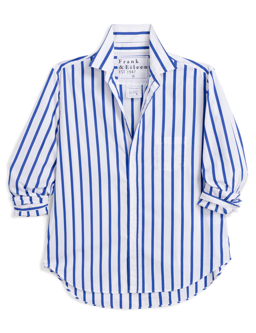 Blue and white striped shirt with brand label on a white background, view 5