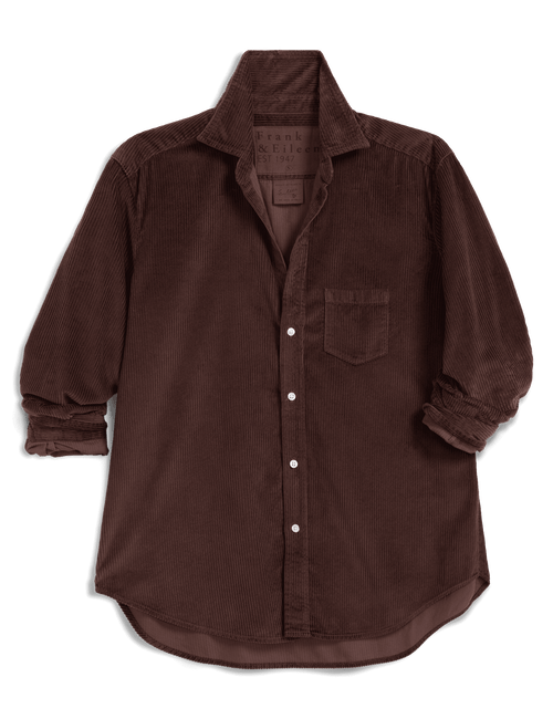 A dark brown corduroy button-up shirt with a chest pocket, laid flat on a white background. The brand name 'Frank & Eileen' is visible on the inner neck label., view 4
