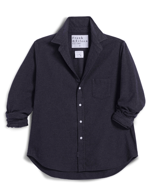 A dark charcoal gray long-sleeve button-up shirt by Frank & Eileen, featuring a pointed collar, a chest pocket, and rolled cuffs, displayed flat against a white background., view 4