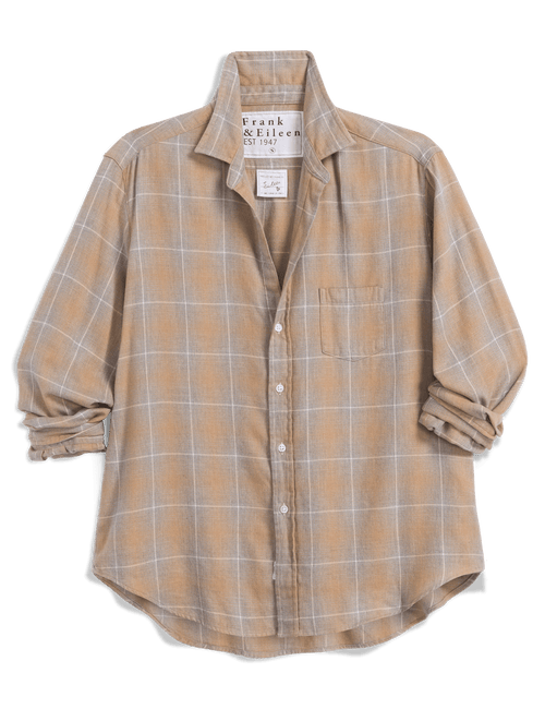 A long-sleeve button-up shirt by Frank & Eileen, featuring a warm tan and beige plaid pattern with white lines, laid flat on a white background., view 4