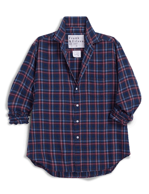 A long-sleeve button-up shirt by Frank & Eileen in a navy blue plaid pattern with red and white stripes, displayed against a solid black background., view 4