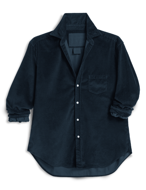 A dark navy blue corduroy button-up shirt with a chest pocket, shown flat against a white background., view 4