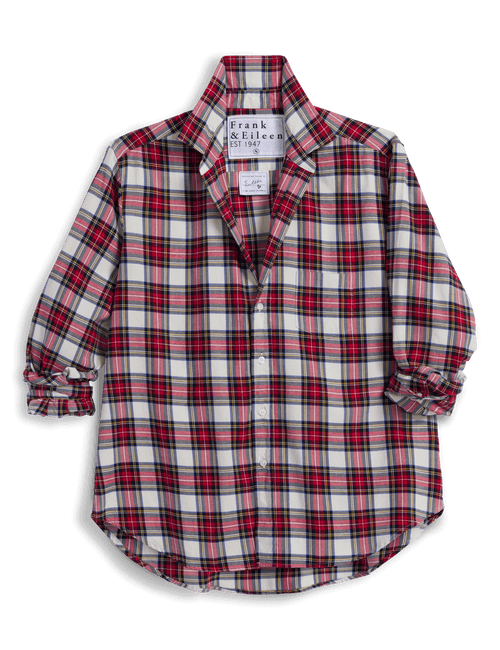 A long-sleeve plaid button-up shirt by Frank & Eileen, featuring a red, black, and white tartan pattern, laid flat against a white background., view 5