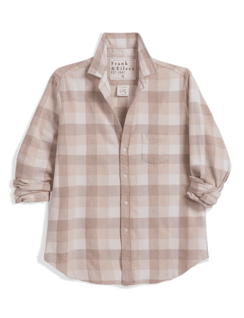 A long-sleeve button-up shirt by Frank & Eileen in a beige and cream gingham plaid pattern, shown flat against a white background., view 5