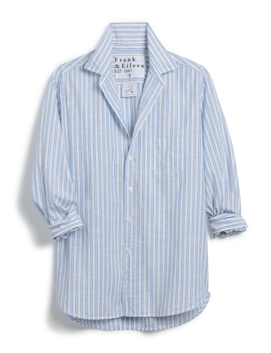 Flat front of Blue Stripe Frank & Eileen Eileen Relaxed Button-Up Shirt in Casual Cotton