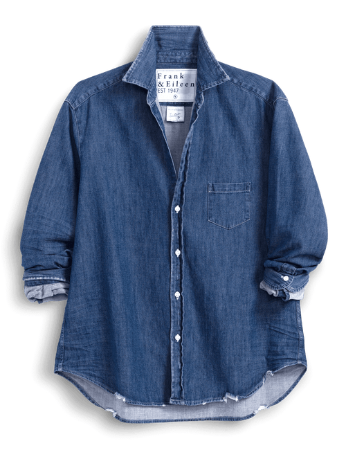 Blue denim shirt with brand label on a transparent background, view 4