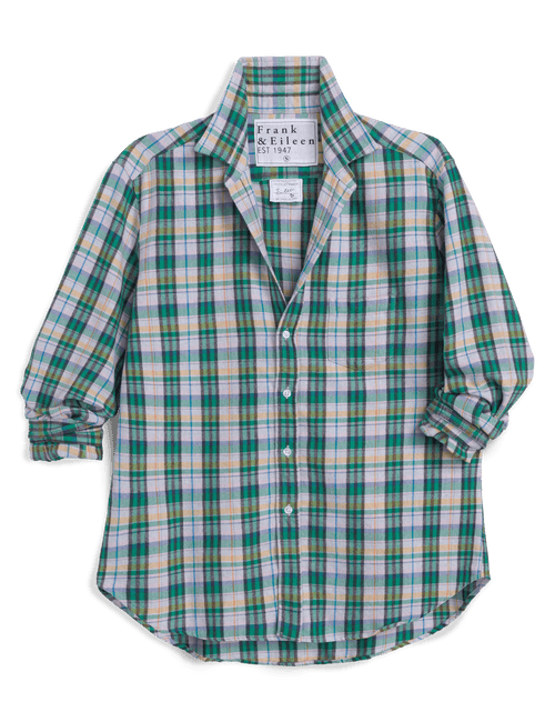 A long-sleeve plaid button-up shirt by Frank & Eileen, featuring a green, white, and yellow checkered pattern, shown flat on a white background., view 5