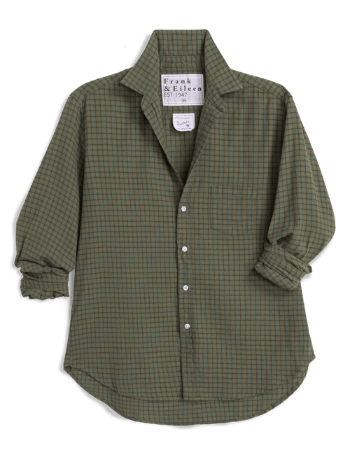 An olive green long-sleeve button-up shirt with a fine brown windowpane check pattern, featuring a pointed collar and rolled cuffs, laid flat on a white background., view 4
