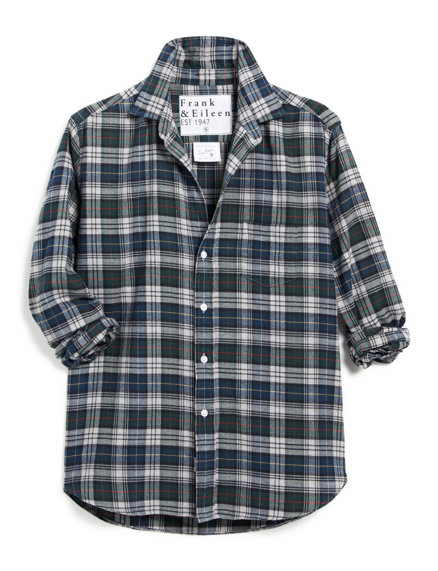 Flat front of Navy Plaid Frank & Eileen Eileen Relaxed Button-Up Shirt in Flannel