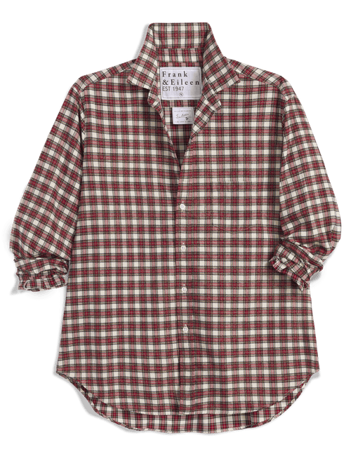 A long-sleeve button-up shirt by Frank & Eileen, featuring a red and beige plaid pattern with rolled-up sleeves, displayed flat against a white background., view 6