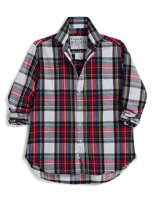A long-sleeve plaid button-up shirt by Frank & Eileen, featuring a red, green, black, and white tartan pattern, laid flat against a white background., view 7