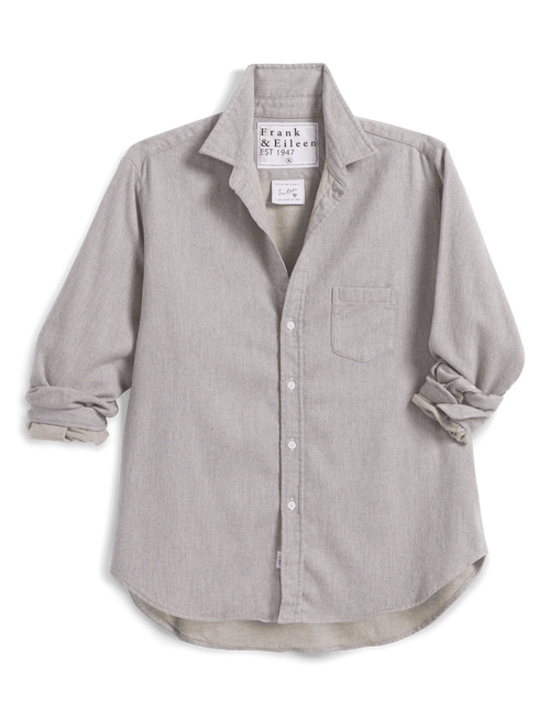 A light gray long-sleeve button-up shirt by Frank & Eileen, featuring a chest pocket and rolled cuffs, laid flat against a white background., view 5