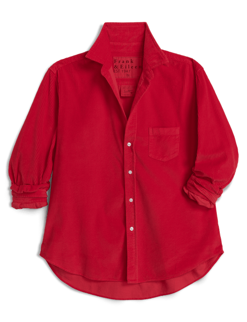 A red corduroy button-up shirt by Frank & Eileen, featuring a pointed collar, a chest pocket, and rolled cuffs, shown flat on a white background., view 8