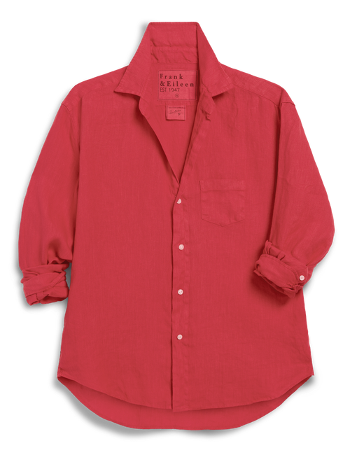 Red button-up shirt with rolled-up sleeves on a white background, view 6