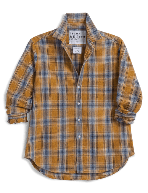 A long-sleeve plaid button-up shirt by Frank & Eileen, featuring a mustard yellow, blue, and white checkered pattern, with the sleeves rolled up against a plain white background., view 5