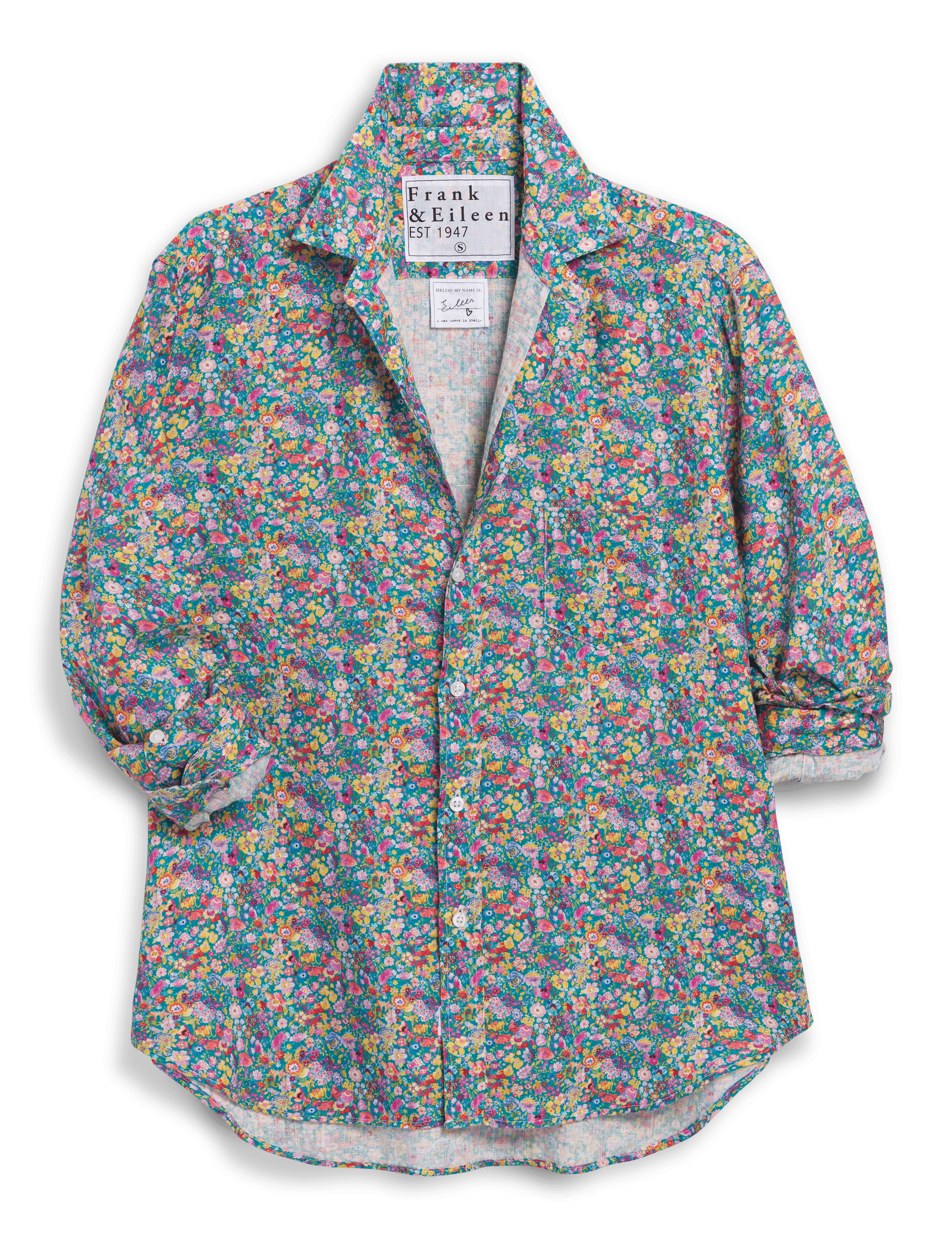 Floral patterned shirt with brand label on a transparent background, view 4
