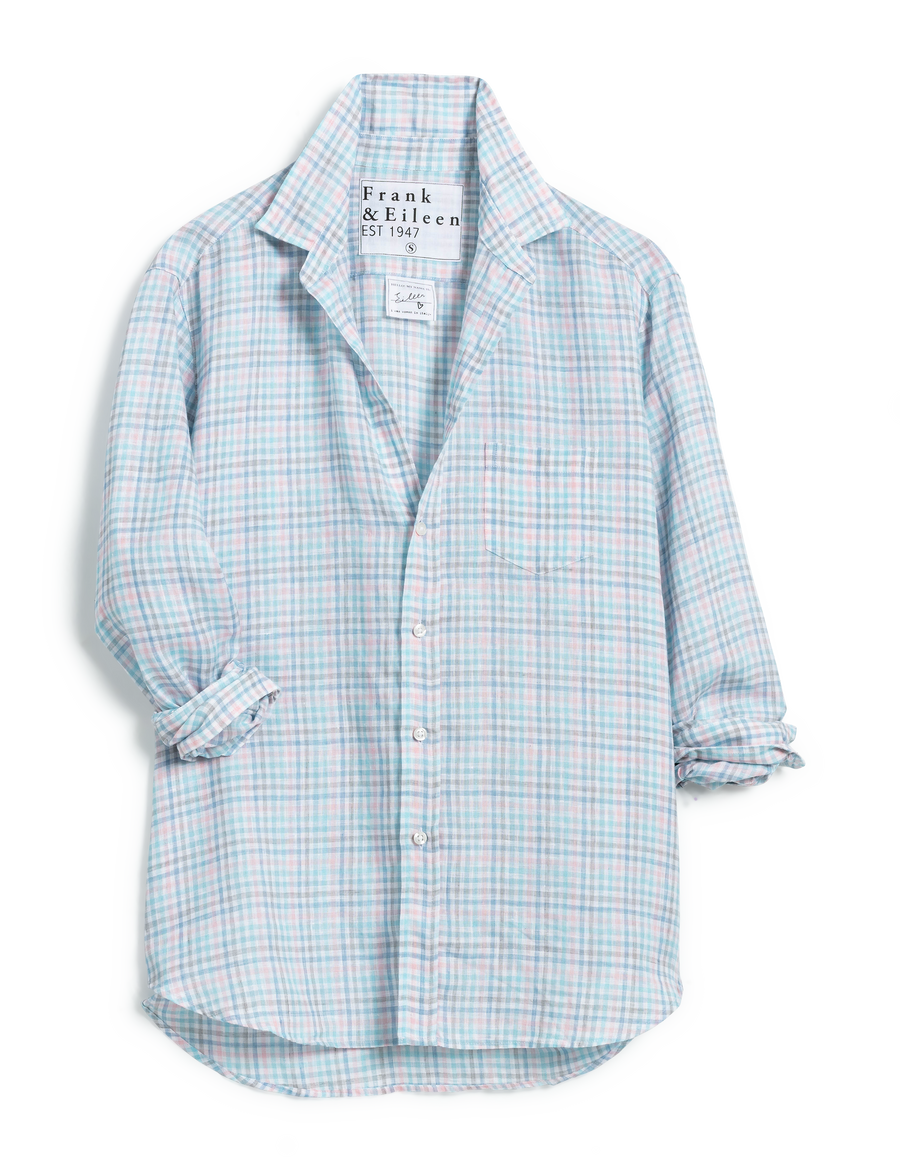 Flat front of Blue Check Frank & Eileen Eileen Relaxed Button-Up Shirt in Classic Linen