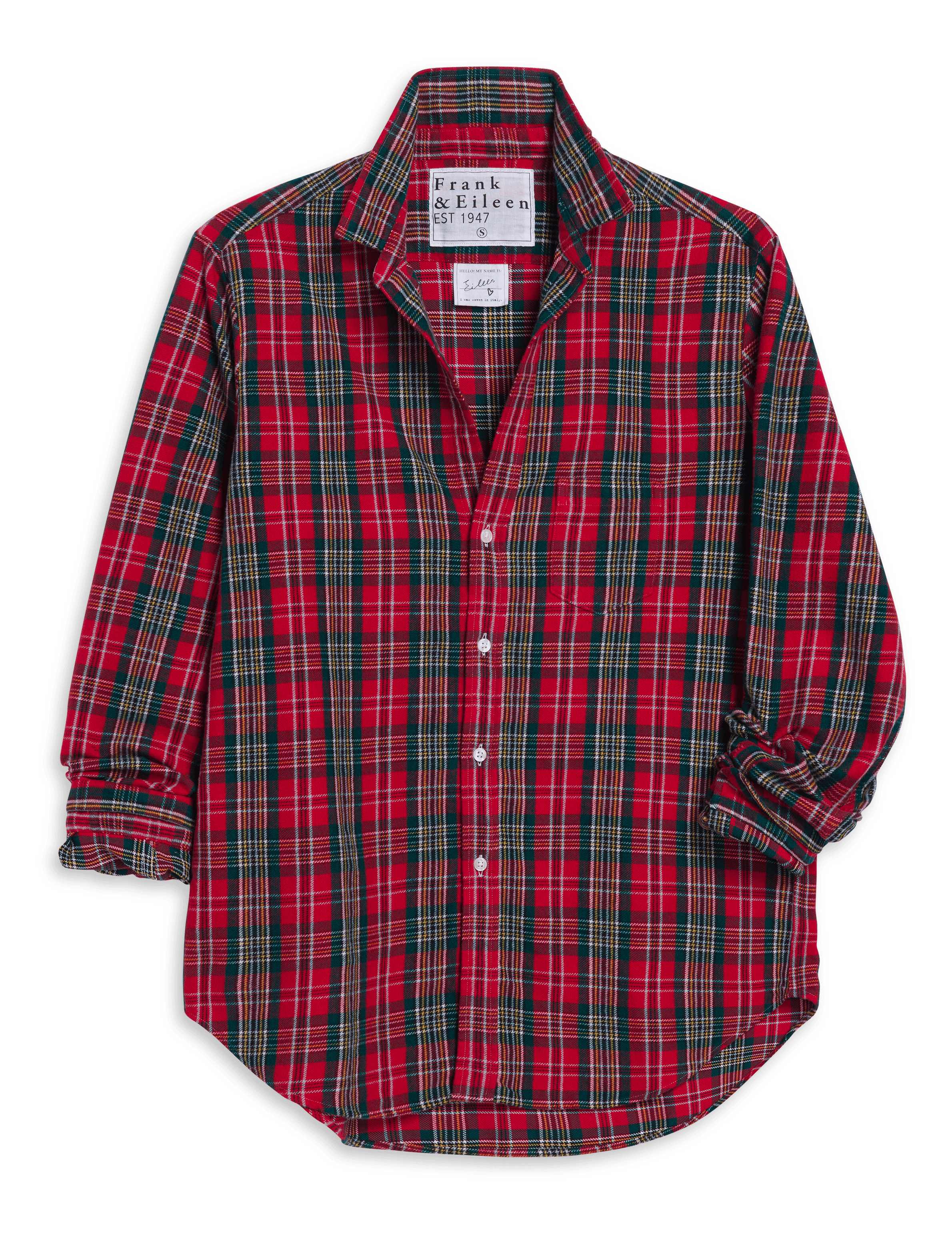 Red and green plaid shirt with a brand label on a transparent background
