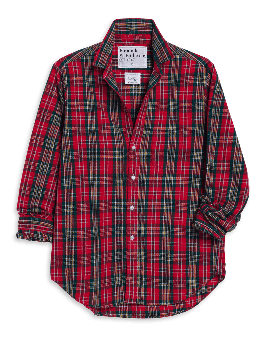 Red and green plaid shirt with a brand label on a transparent background