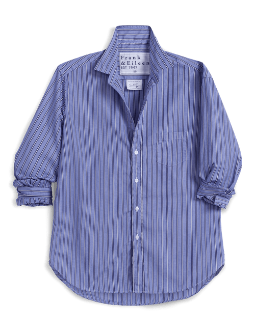 A long-sleeve button-up shirt by Frank & Eileen, featuring a blue and white vertical stripe pattern, laid flat on a white background., view 4