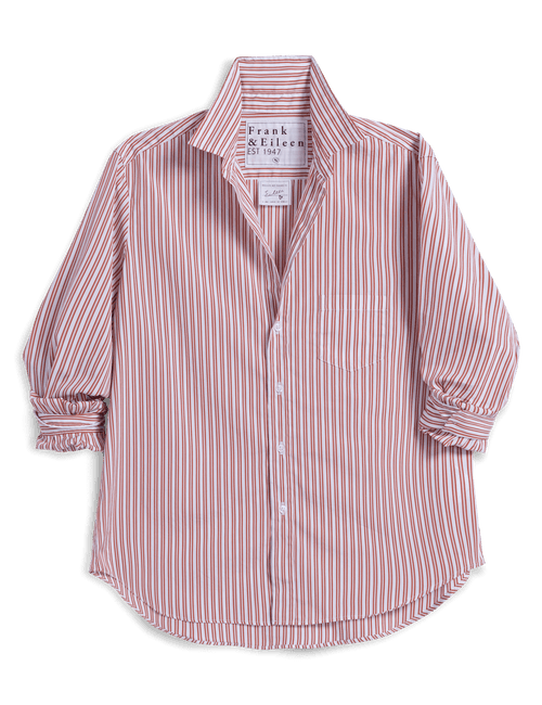 A orange and white vertically striped long-sleeve button-up shirt by Frank & Eileen, laid flat on a white background., view 6
