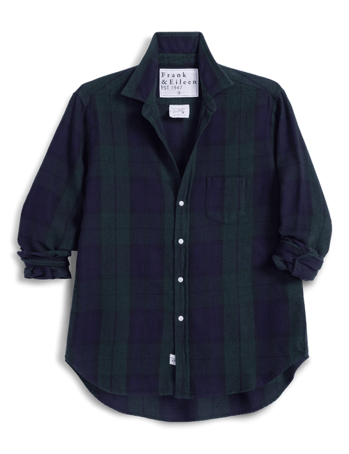 A long-sleeve button-up flannel shirt by Frank & Eileen, featuring a dark green and navy blue plaid pattern, shown against a plain white background., view 5