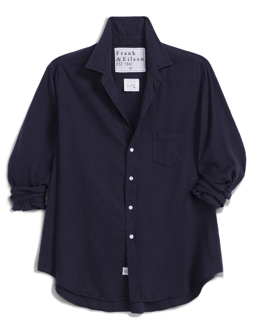 A dark navy blue long-sleeve button-up shirt by Frank & Eileen, featuring a chest pocket, white buttons, and rolled cuffs, displayed flat against a white background., view 4