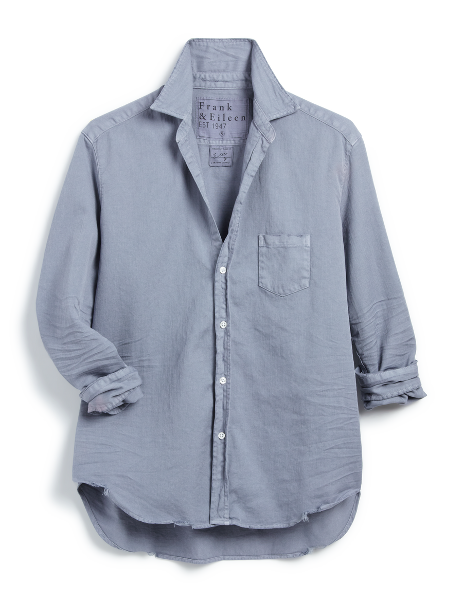 Flat front of Gray Frank & Eileen Eileen Relaxed Button-Up Shirt in Famous Denim