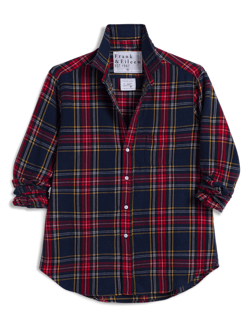 A long-sleeve plaid button-up shirt by Frank & Eileen, featuring a navy blue base with red, yellow, and white tartan stripes. The sleeves are rolled up to the forearms, and the shirt is displayed flat against a clean white background., view 7