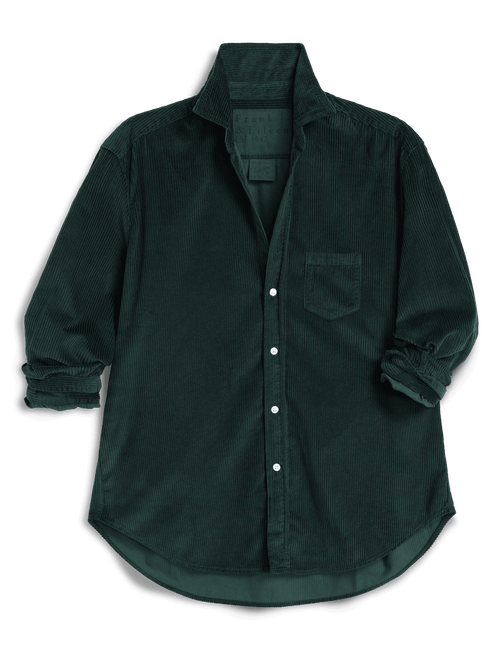 A dark forest green corduroy button-down shirt with a chest pocket, laid flat on a white background., view 4